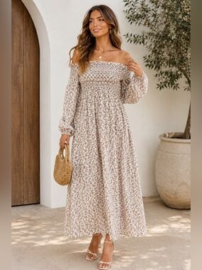 Entro Smocked Ditsy Floral Off-The-Shoulder Midi Dress Pockets Summer Size Large
